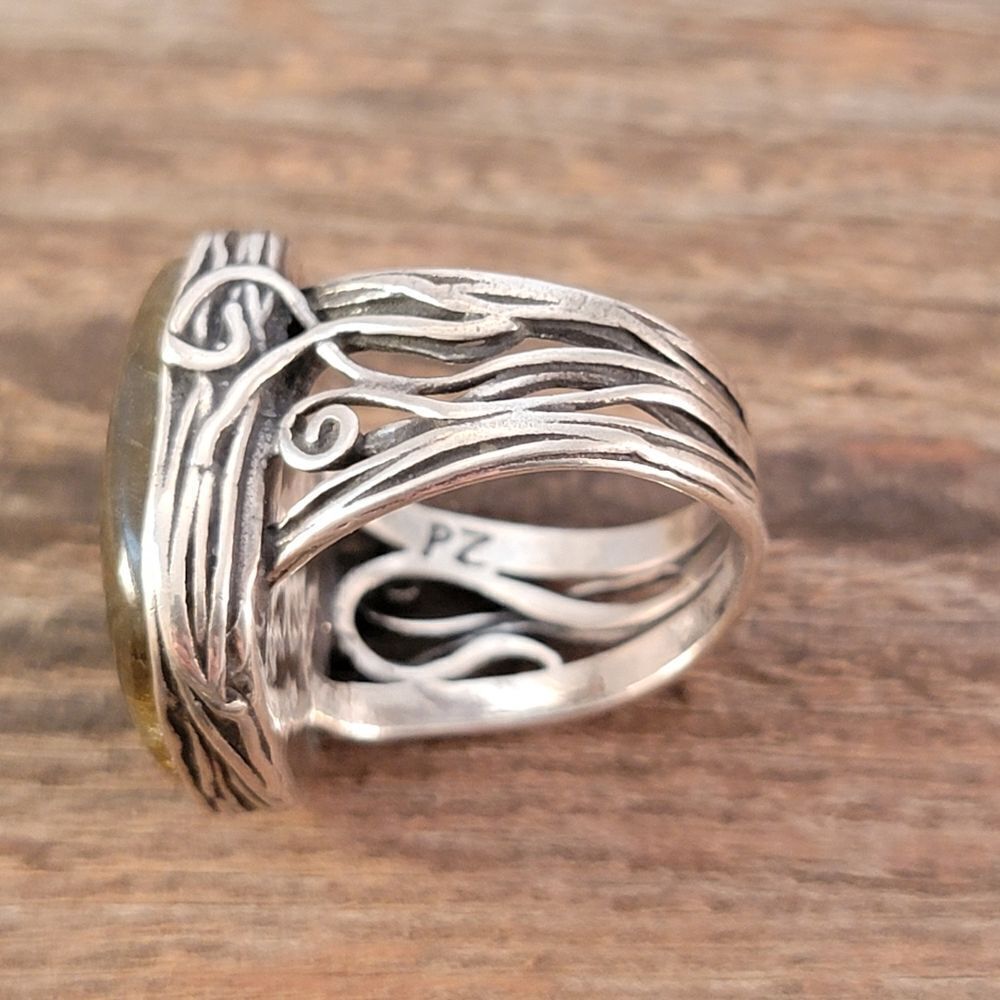 Sterling Paz Israel Labradorite Rextangle Bezel Set Organic Swirl Statement Ring - Picture 10 of 14